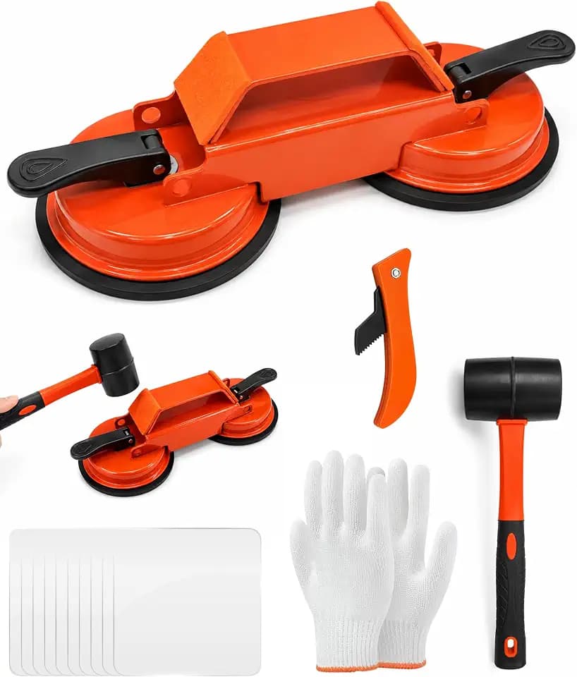 Heavy Duty Iron Floor Gap Fixer Tool, 45° Striking Surface Repair Kit with 10PCS Sticky Pads, Suction Cup Tool with Hammer & Slot Cutter for Laminate & Vinyl Plank Flooring