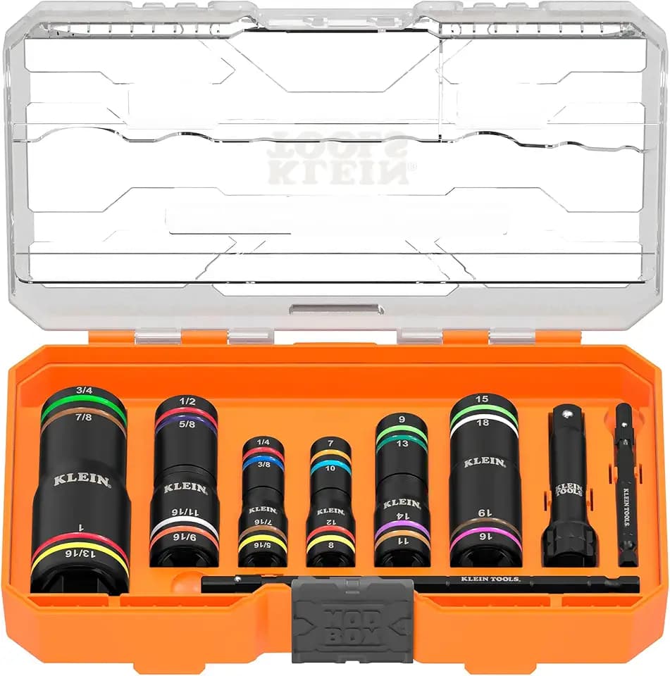 Klein Tools 656QS KNECT Quad Socket, 24 Sizes in 6 Sockets, 4-in-1 Color Coded SAE and Metric Impact Rated, Deep-Well Heavy-Duty, 1/4-and 3/8-Inch Drive, 3-1/2-and 6-1/2-Inch Shaft