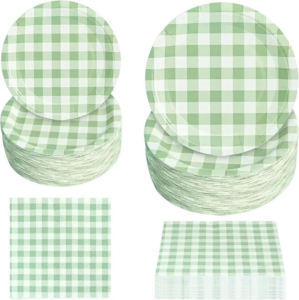 180Pcs Green Gingham Party Supplies Paper Plates and Napkins Serve 60