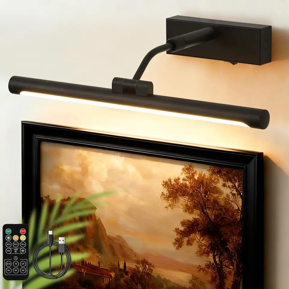 Picture Lights for Wall Battery Operated,16 Inch Black Wireless Rechargeable Art Lights for Pictures,3CCT Dimmable Retractable Painting Light with Remote & Timer,Glare-Free for Gallery Light