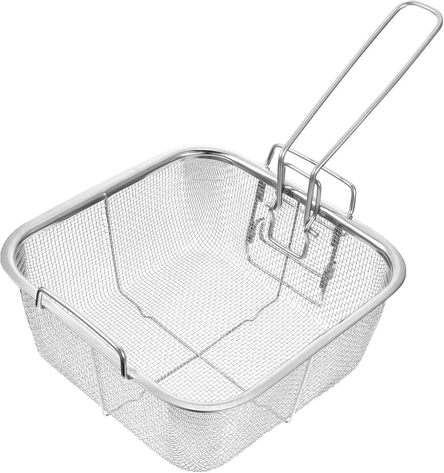 Stainless Steel Deep Fry Basket, 9.5inch Square Wire Fryer Basket for Frying Serving Food, French Chip Frying Basket with Folding Handle for Kitchen Frying (9.5Inch/Square)