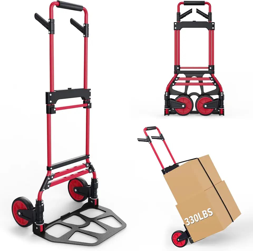 DIAMONDFORGE Folding Hand Truck Dolly Cart, 330 LBS Capacity Heavy Duty Foldable Dolly Cart with Wheels and 360° Rotating Handle, Aluminum Portable Handcart for Moving Boxes, Shopping, Red Black