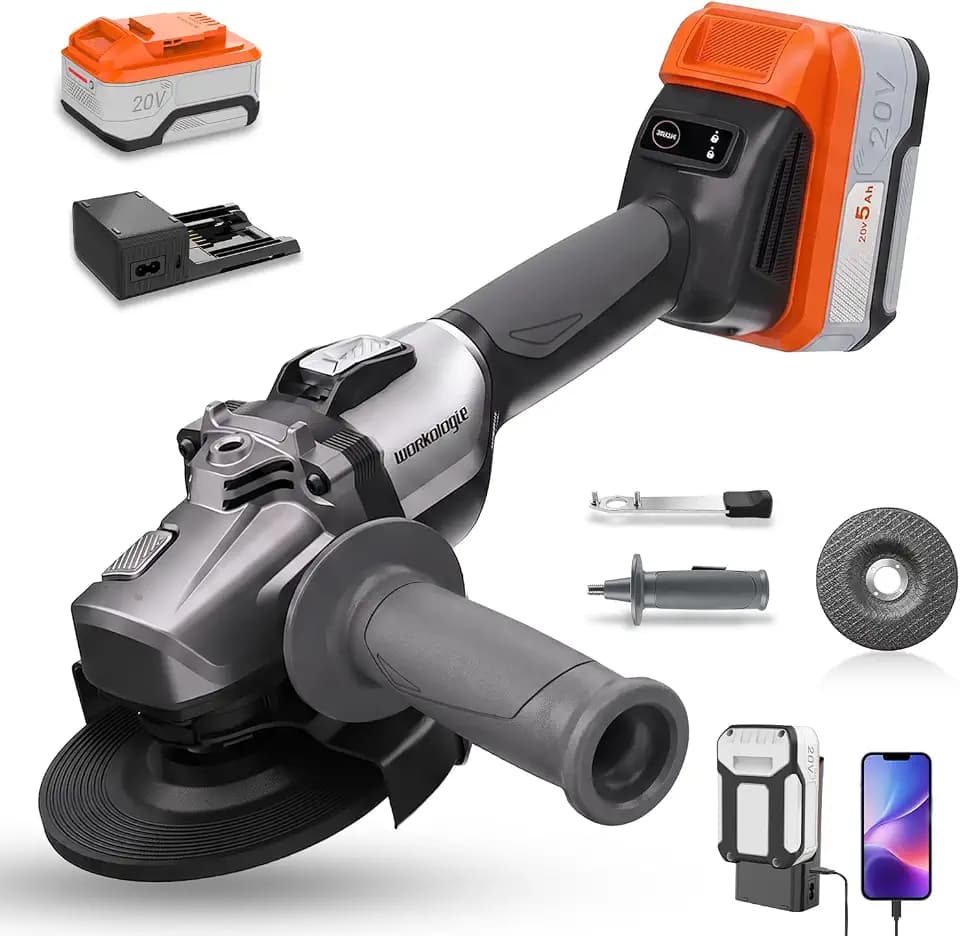 20V Cordless Angle Grinder, Brushless Motor, 5.0Ah Battery & Fast Charger