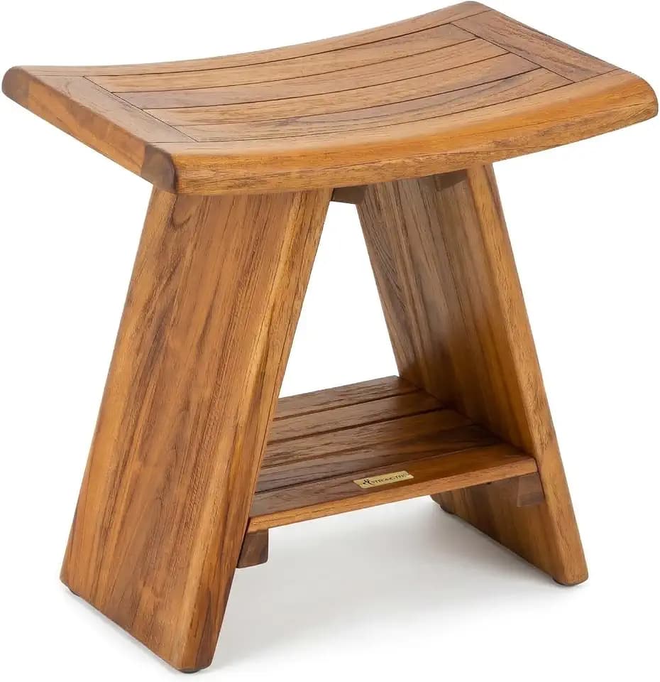 StrongTek Teak Shower Stool with Shelf, 18 in, Curved Seat, 400 lb Capacity