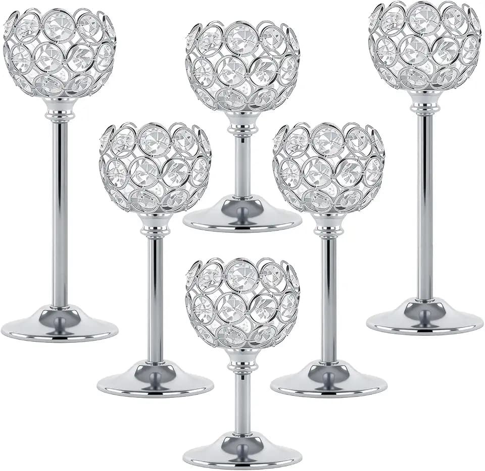 Crystal Candle Holders 2 Set of 6 - Sliver Vintage Hollow Ball Candle Stand for Table Centerpiece, Crystal Metal Tealight Candlestick for Wedding, Dining Room Decor