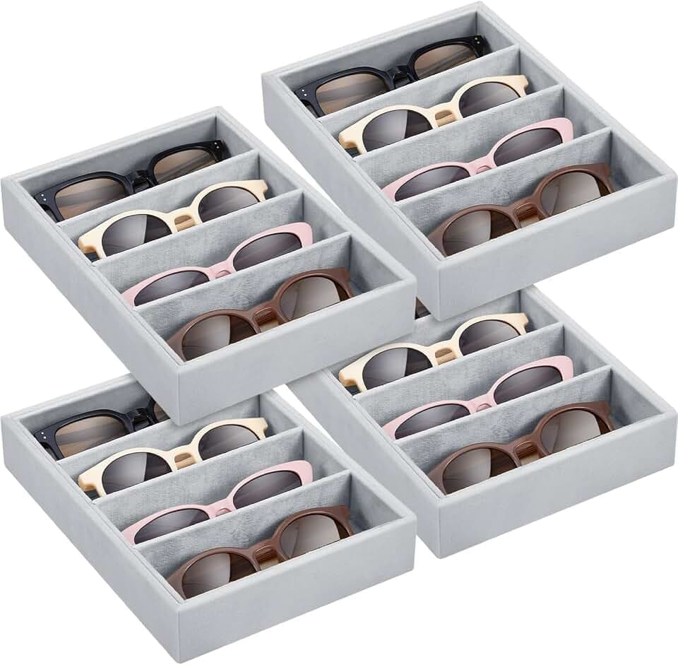 Amylove 4 Pcs Gray Sunglass Organizer Trays 4 Grids Velvet Glasses Holder Jewelry Display Organizer Eyeglasses Storage Box Drawer