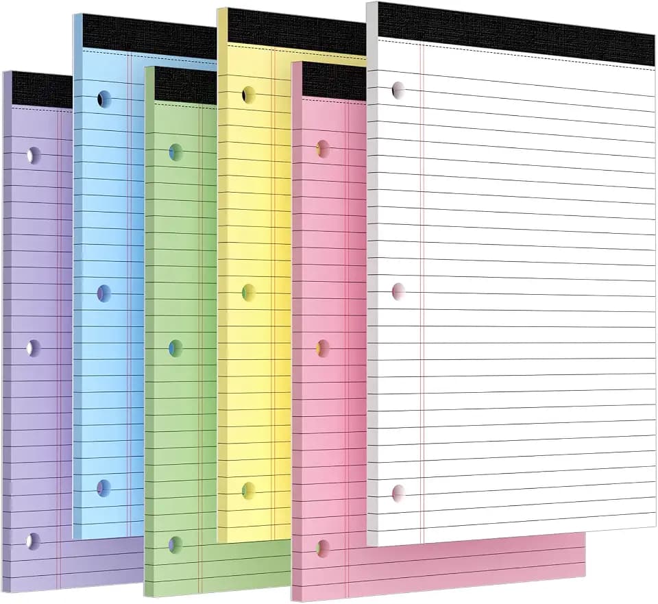 3 Hole Legal Pad 8.5 x 11, 6 Pack Colored Note Pads, Notebook Paper Wide Ruled, Writing Paper Pads, Notepads with Binder Holes, Lined Paper 8.5x11, Ideal for School, Home, Office, 30 Sheets/Pack