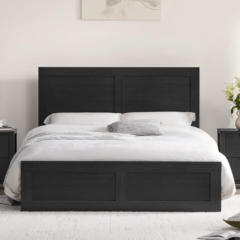 KISLOT Wood Bed Frame with Headboard and Footboard, Black, Full