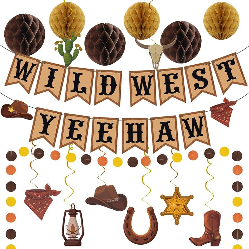 Western Party Decor Wild West Yee Haw Banner Dots Garland Hanging Swirls Honeycomb Balls Set for Baby Shower Cowboy Country Western Themed Birthday Party Decorations