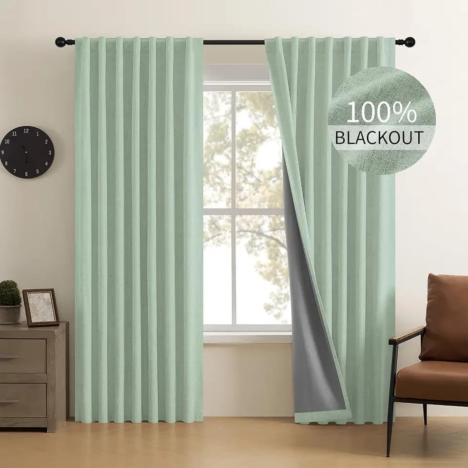 CUCRAF Linen 100% Blackout Curtains 96 Inch Length 2 Panels Set, Back Tab and Rod Pocket Curtain for Living Room Bedroom, Room Darkening Window Drapes Thermal Insulated, (52x96 inch, Sage Green)