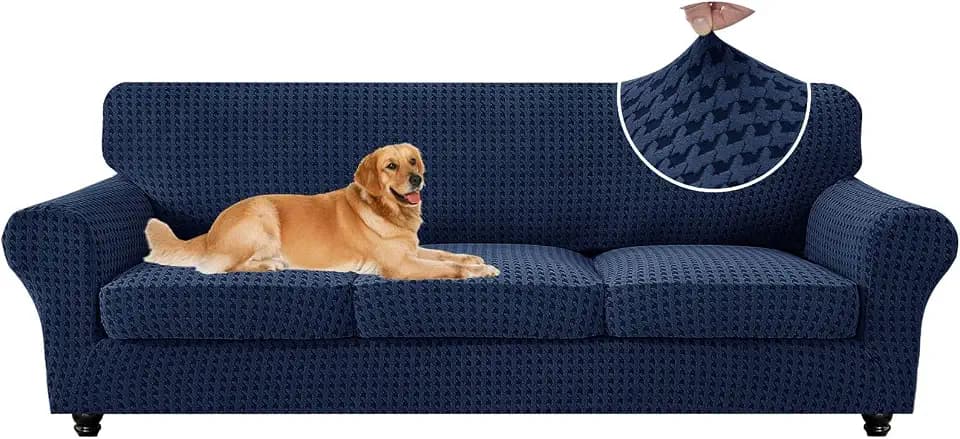 MAXIJIN 4 Pieces Stretch Oversized Couch Covers for 3 Cushion Sofa Covers Washable Sofa Slipcovers Thick Soft Furniture Protector with Non Slip Strap (Navy Blue), 91"-110"(3 XL Cushions)