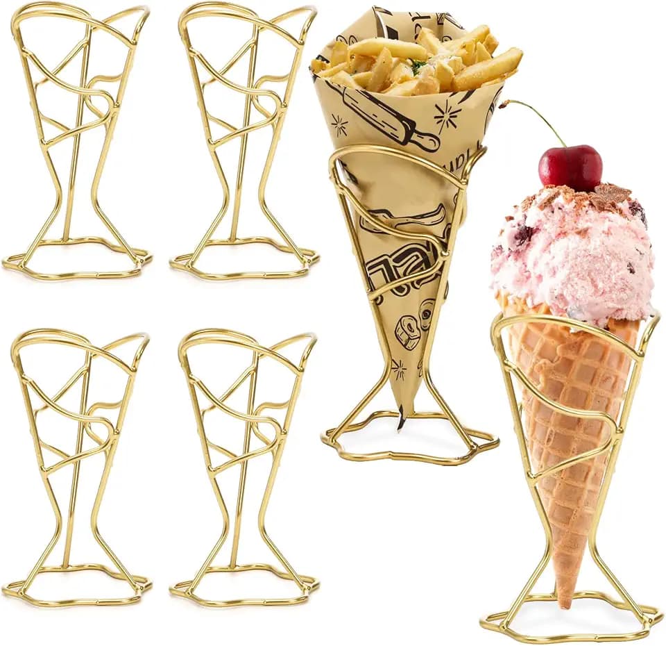 4 Pack Ice Cream Cone Holders, Single Metal French Fries Stands, Individual Waffle Pizza Charcuterie Cone Holder, Food Cone Display Stands for Kitchen Restaurant Party Supplies, Golden
