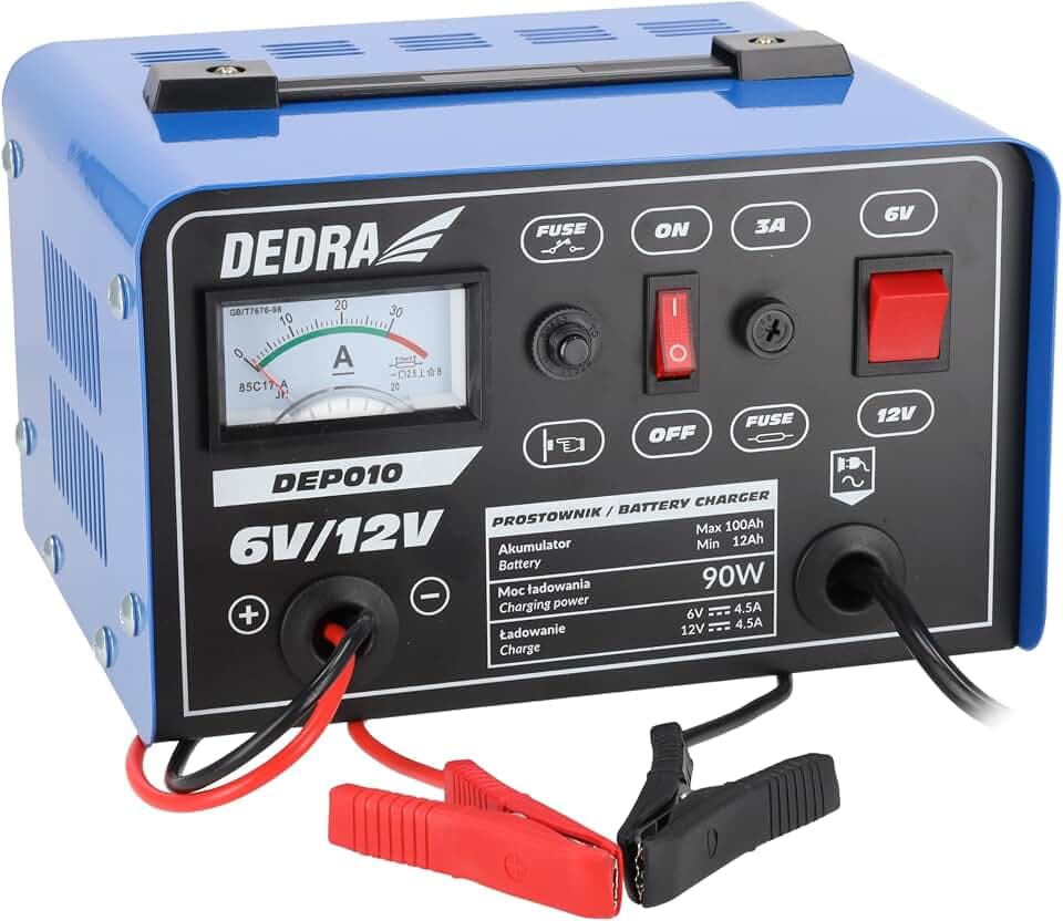 Batterieladegerät 6/12 V 4,5 A für 12–100 Ah Blei-Säure-Batterien, für Pkw, Transporter und Motorräder, mit Amperemeter, Thermoschutz und Kurzschlussschutz, DEDRA DEP010