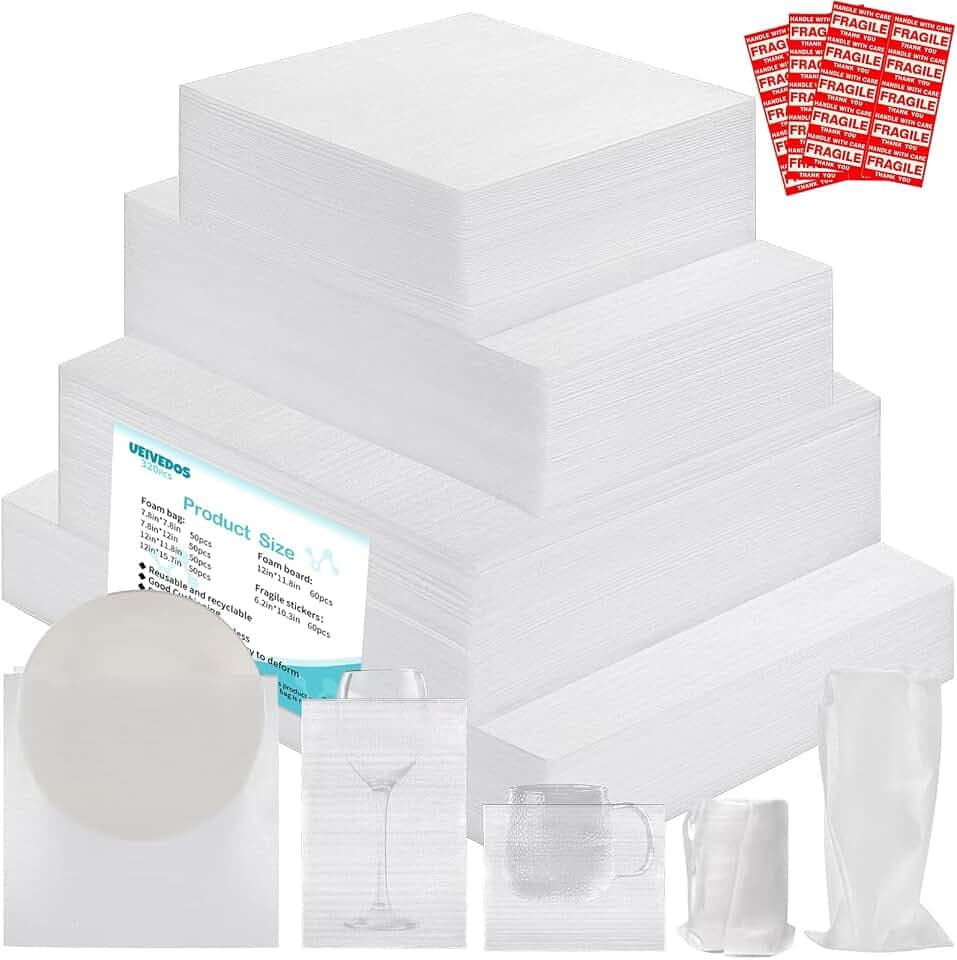 Thickened Packaging Foam Pouches and Sheets in 4 Sizes, 320 PCS with 60 Fragile Stickers, Dish Packing Supplies for Moving, Cushioning Foam Wrap for Moving Supplies