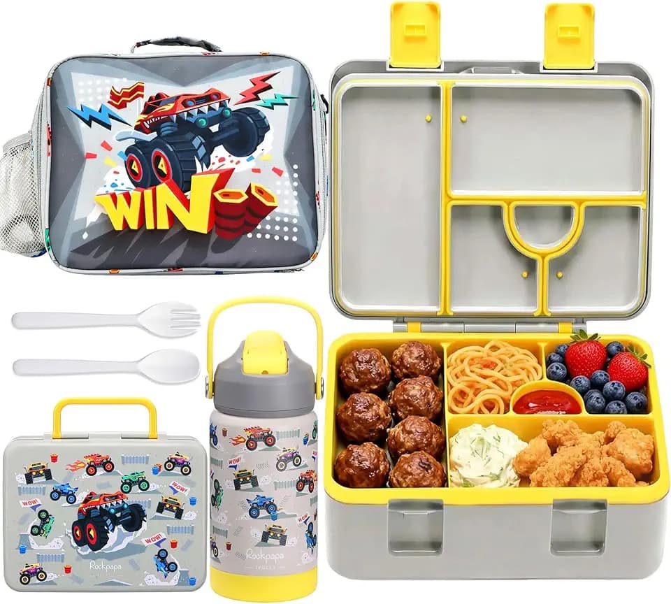 rockpapa Kids Bento Lunch Box Set with Insulated Water Bottle, Grey Trucks