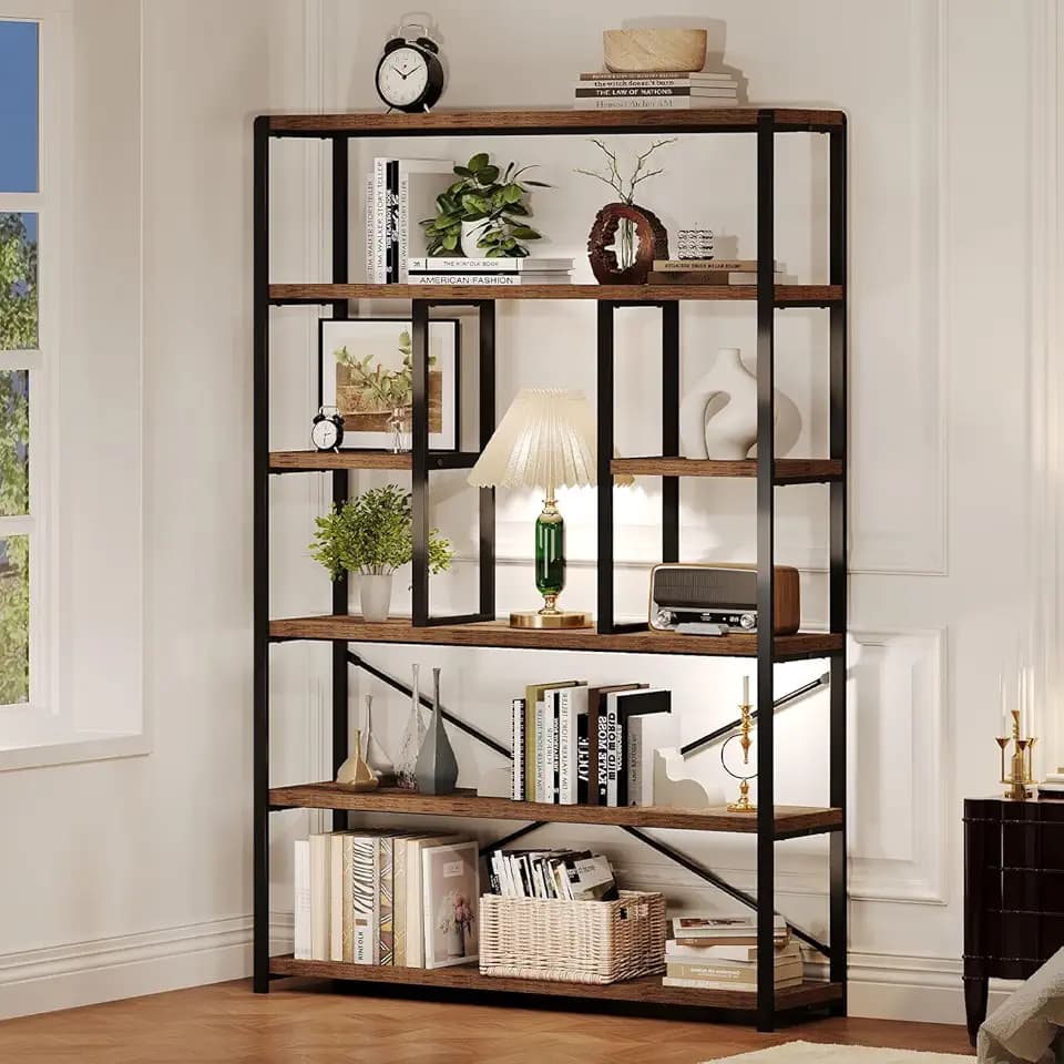 LVB 180 cm Bücherregal Holz Regal für Wohnzimmer Büro Vintagebraun Schwarz