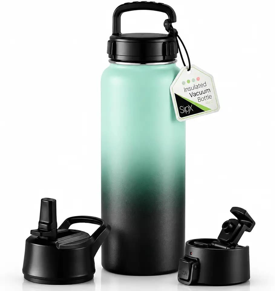 SipX™ 40 oz Insulated Water Bottle with 3 Lids – Leakproof Stainless Steel, Triple Insulated – Cold 24 Hours/Hot 12 Hours – Durable Bottle for School, Gym, Travel – Gradient Mint Black