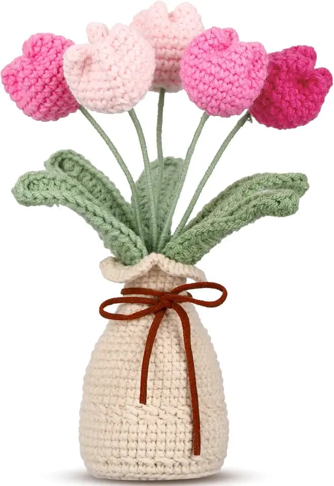 Marsui Crochet Flowers Bouquet Knitted Tulips Gifts with Vase for Women
