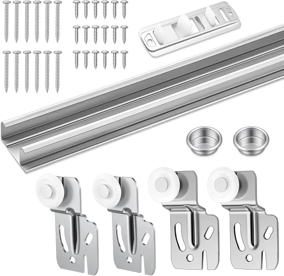 Therwen 1 Pcs 72 Inch By-Pass Closet Track Kit, Sliding Door Track Hardware Set, Galvanized Brass-Plated Pulls Used to Hang By-Passing Bifold Door Cabinet Panels Sliding Closet Replacement