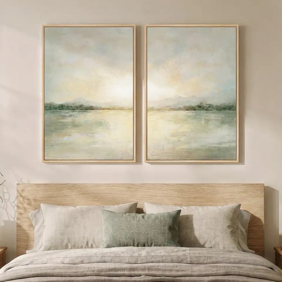 Framed Sage Green Abstract Landscape Wall Art for Living Room, Set of 2