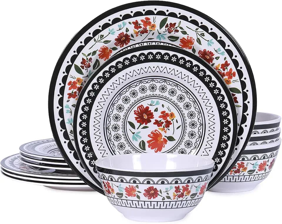 12-Piece Melamine Dinnerware Sets,Unbreakable Black white Plates and Bowls