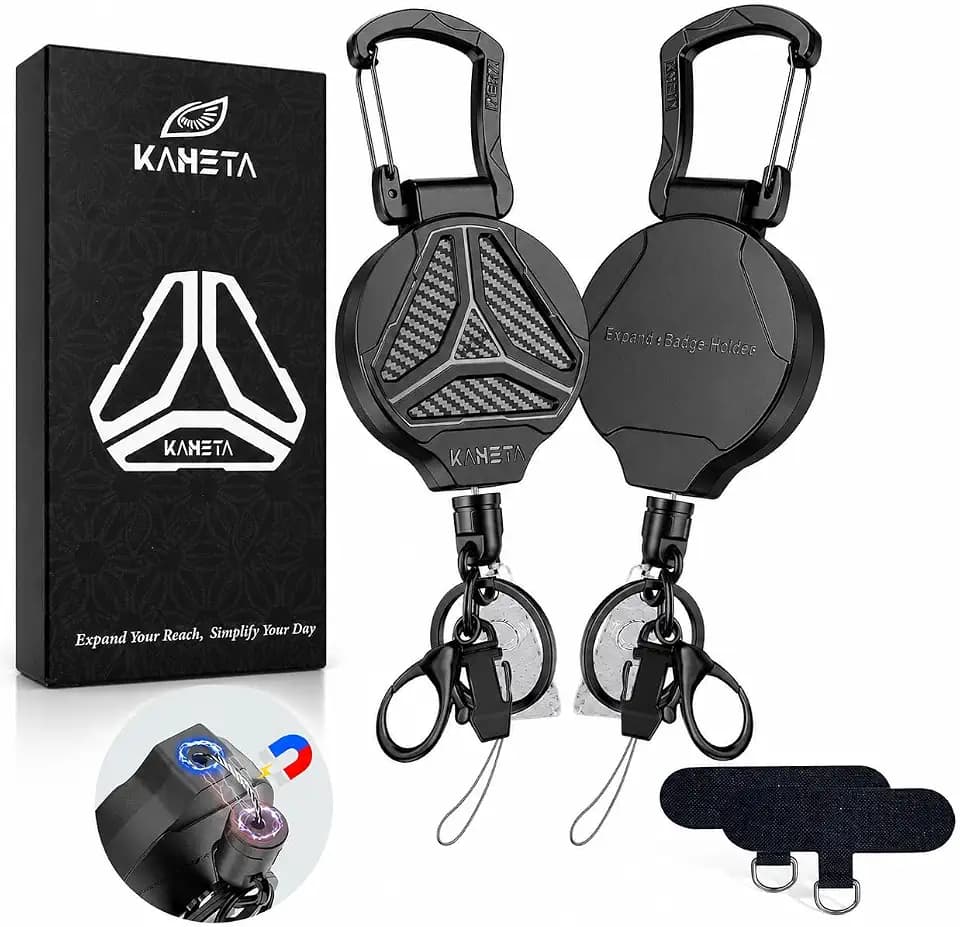 Retractable Keychain Heavy Duty Carabiner Badge Holder Clip with Magnetic,Tactical Id Badge Reel with Key Chain 32'' Steel Retractable Cord,Key Ring and Phone Tethers,9.0 oz - 2 Pack