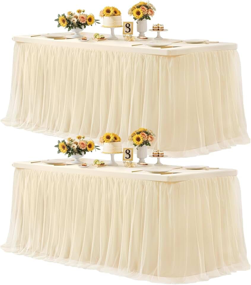 Champagne Tablecloth Rectangle Table Cover for 6 Foot Table, Champagne Tulle Table Skirt Rectangle Table 6ft Stretch Tulle Tablecloth Fitted Elastic Banquet Party Wedding Table Cloth for 6 Foot Table