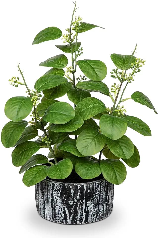 GnFlus Artificial Plants Decor Greenery Fake Ficus Leaf Indoor Potted 14" Fake Plant with Seeds in Rustic Black Ceramic Planter for Farmhouse Room Bathroom Bedroom Kitchen Office Table Desk Decor