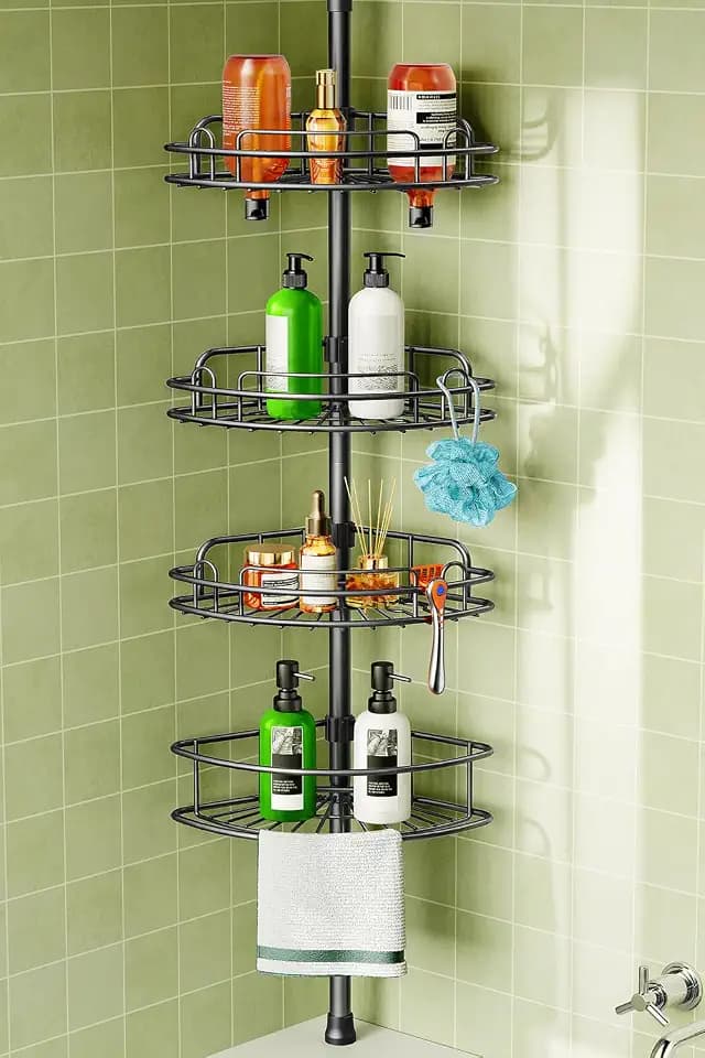 HAMITOR Corner Shower Shelves, 4-Tier AdjustableTension Caddy for Renters