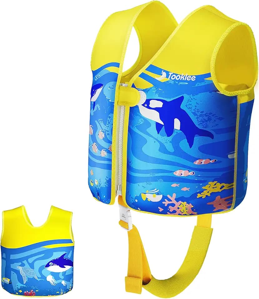 Swim Vest for Toddler & Kids 1-2-3-5-7-9 Years Old, Adjustable Buoyancy Swimming Trainer Vest for Boys & Girls 20-30-50-90 lbs, Pool Floaties Neoprene Jacket with Crotch Strap, Ocean Blue, M