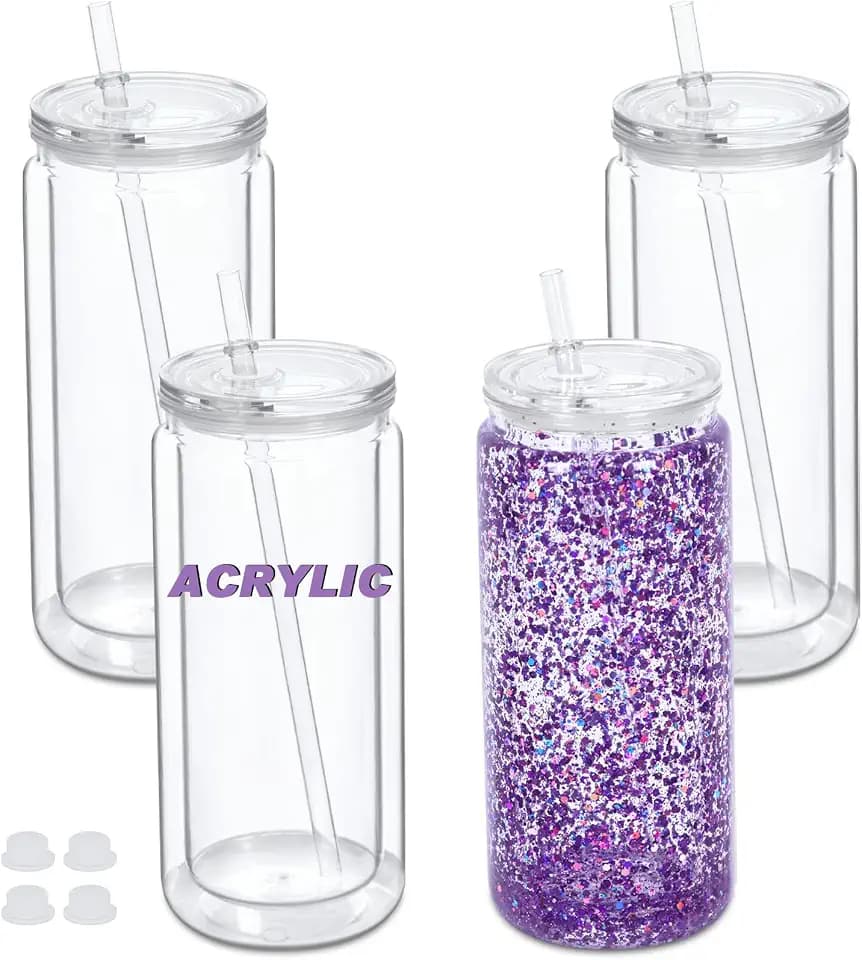 20 oz Acrylic Snowglobe Tumbler, 4 Pack Double Wall Snow Globe Cups with Pre Drilled Hole, Plastic Mason Jar Cups Can for Snow Globe Glitter DIY (Clear)