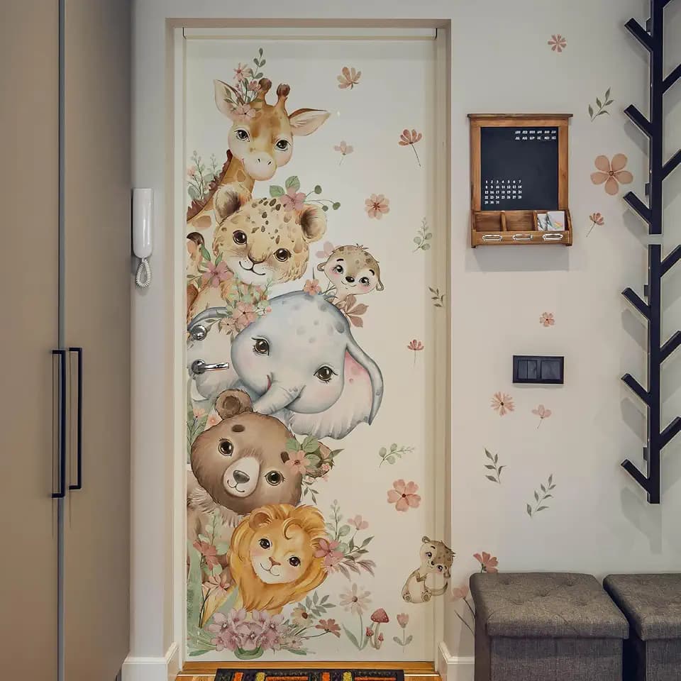 44.09 x 39.37 Inch Watercolor Floral Animal Door Decal Cute Safari Animal Door Sticker Removable Lion Elephant Giraffe Wall Decals for Nursery Playroom Bedroom Classroom Kindergarten Wall Decor