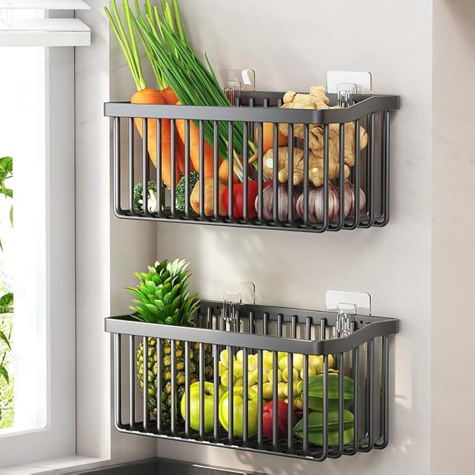 2-Pack Wall Mount Wire Fruit Basket for Kitchen Onion Potato Storage, Black