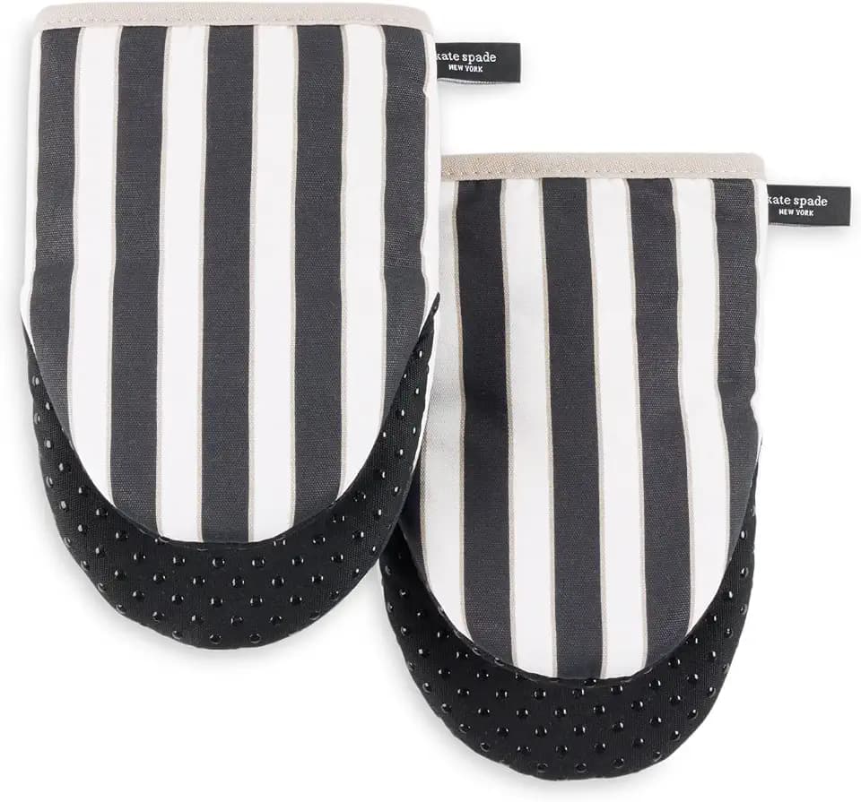 kate spade new york Botanical Stripe Mini Oven Mitt 2-Pack Set, 5.5" x 8", Black/Beige
