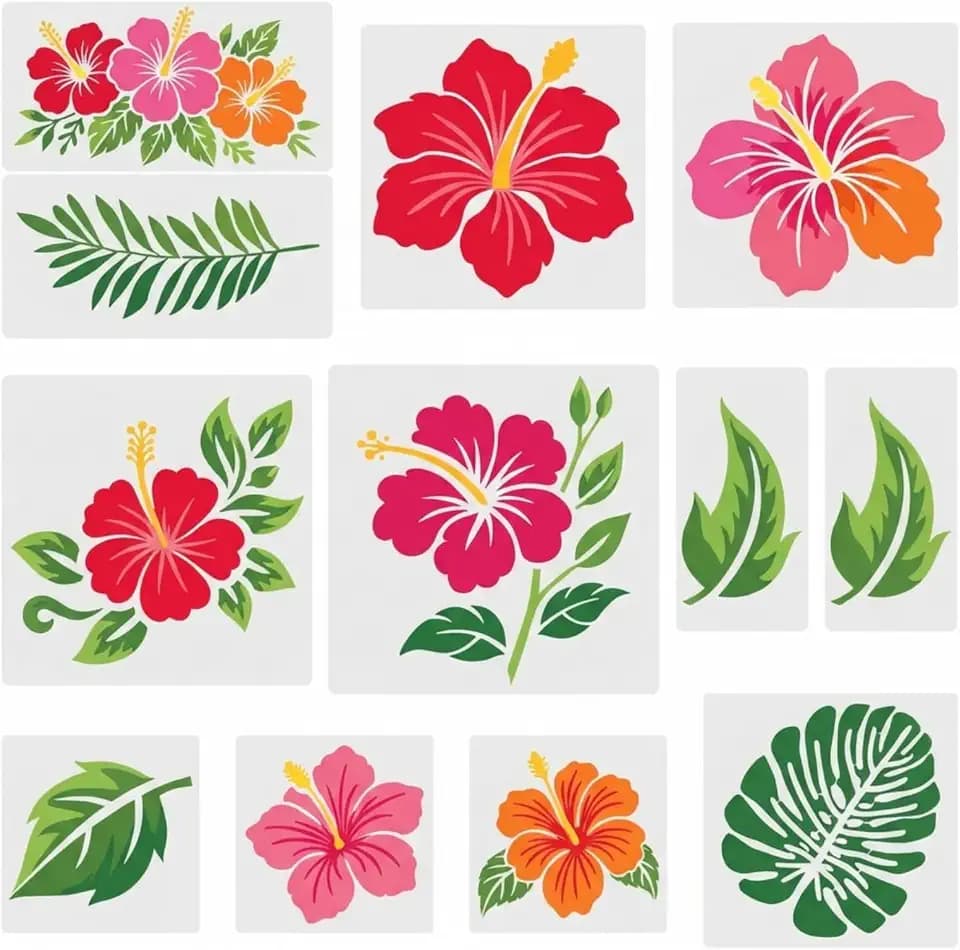 Tenare 12 Pcs Large Flower Hibiscus Stencil Tropical Palm Leaves