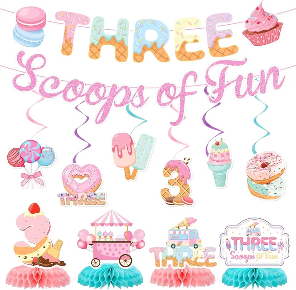 Three Scoops of Fun 3rd Birthday Party Decorations 12PCS