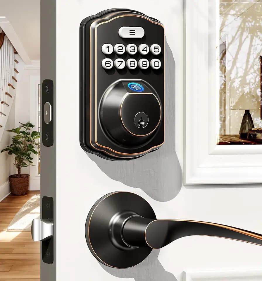 Veise KS02B Fingerprint Door Lock with 2 Lever Handles, Oil Rubbed Bronze