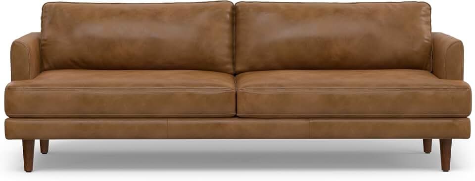 SIMPLIHOME Livingston 90" Wide Top Grain Leather Sofa in Caramel Brown