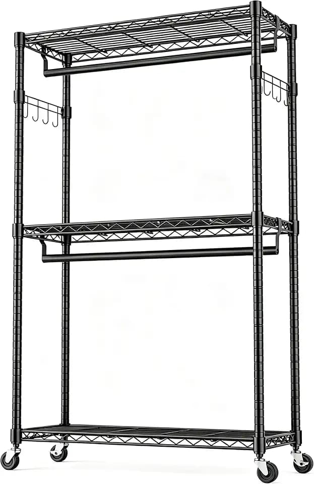OLIXIS Rolling Clothes Rack, Heavy Duty Garment Rack, 47 IN, Metal Black