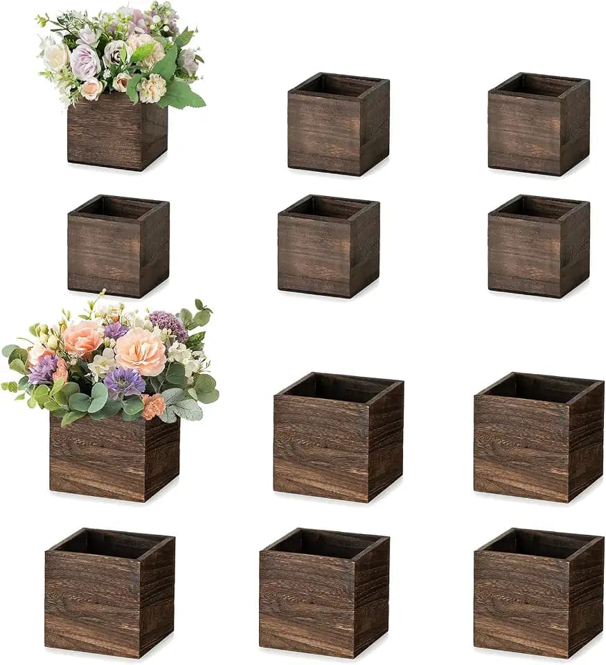 NUPTIO Small Wooden Box for Centerpiece, Brown, Square, 4"/5", 12 Pcs
