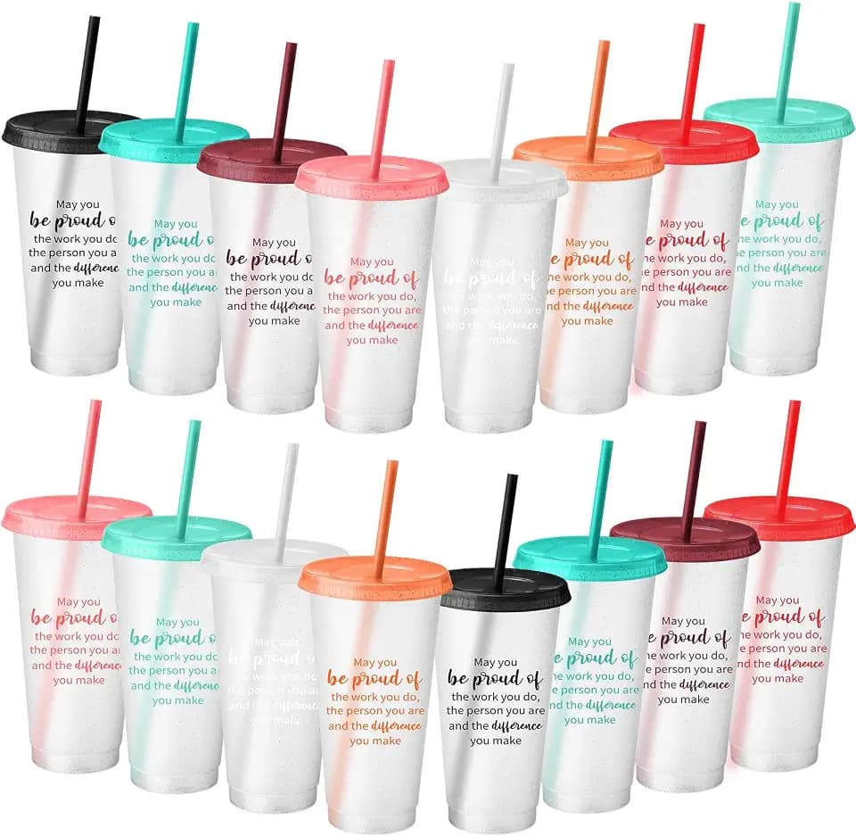 Dandat 16 Pcs Employee Appreciation Gifts Bulk 24 oz Thank You Cups Gift for Nurse Coworker Team Staff Teacher Inspirational Plastic Tumblers with Lids Straws (Clear)