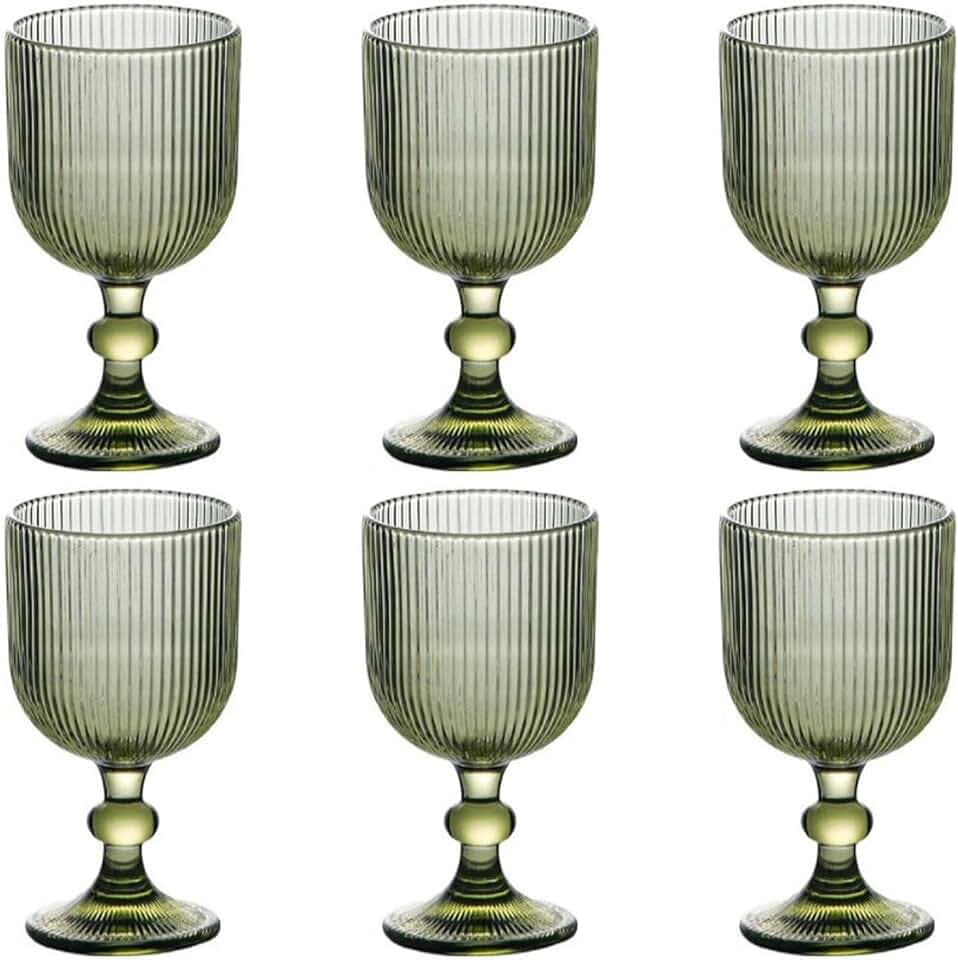 Taganov Green Drinking Glasses set of 6 Big Wine Goblets Vintage Colored Glassware 13 oz for Wedding Party Bar Vertical Line Embossed Pattern Stemmed Cups 400ml