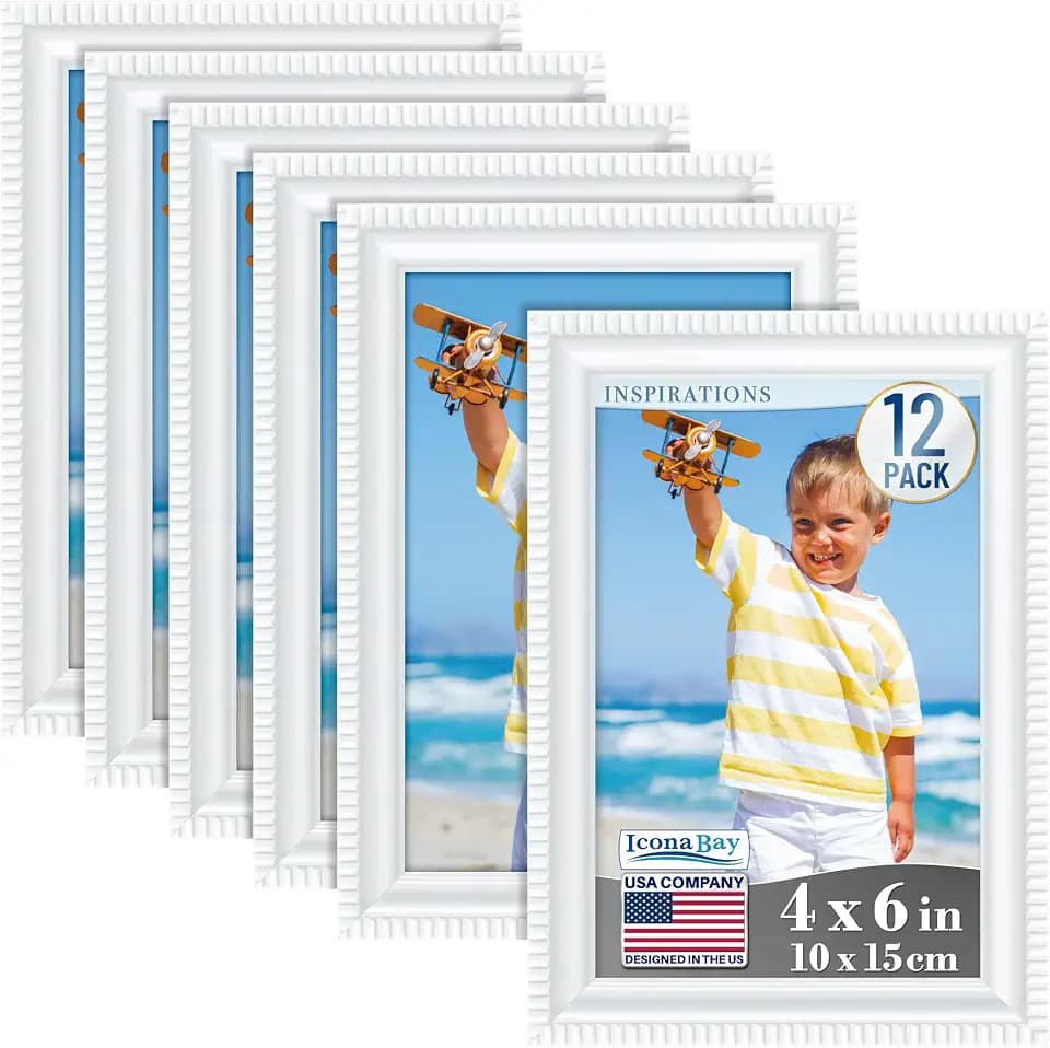Icona Bay 4x6 Picture Frames (White, 12 Pack), Beautifully Detailed Molding, Contemporary Picture Frame Set, Wall Mount or Table Top, Inspirations Collection