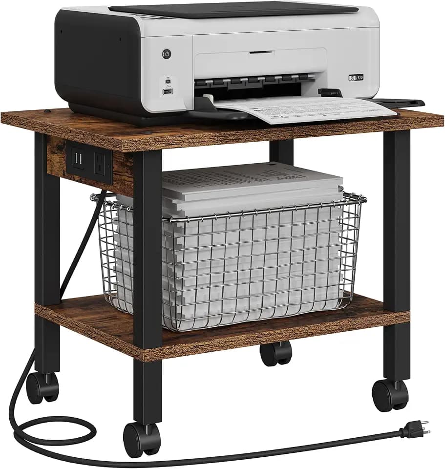 TUTOTAK Printer Stand, 2 Tier Rolling Printer Cart with Charging Station