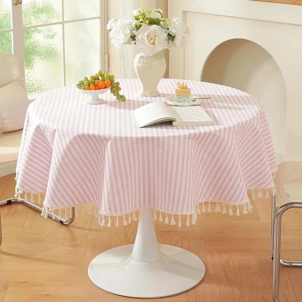 meioro Striped Round Tablecloth, Cotton Blend Fabric Pink Circle Table Cloth with Tassel, Washable Wrinkle Free Table Cover Cute Small Tablecloths for Card Coffee Tables Home Party - Round 60 Inch