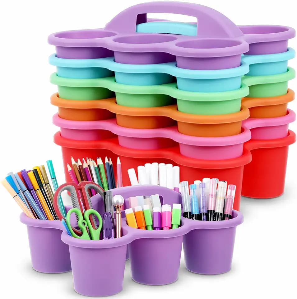 6 Pack Classroom Caddy With Handle for School Supplies, Rainbow