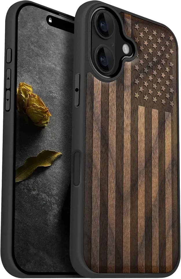 Carveit Wood Case for iPhone 16, The Classic American Flag, Walnut