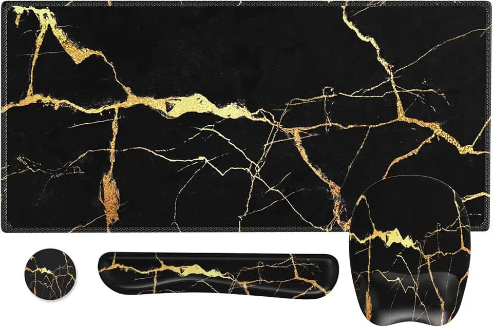 Mousepad with Wrist Rest, Desk Pad for Keyboard and Mouse, Black Mouse Pad, Ergonomic Mouse Pad Set, Keyboard Wrist Rest with Coaster, Desk Mat Set for Office (Black Gold Marble)