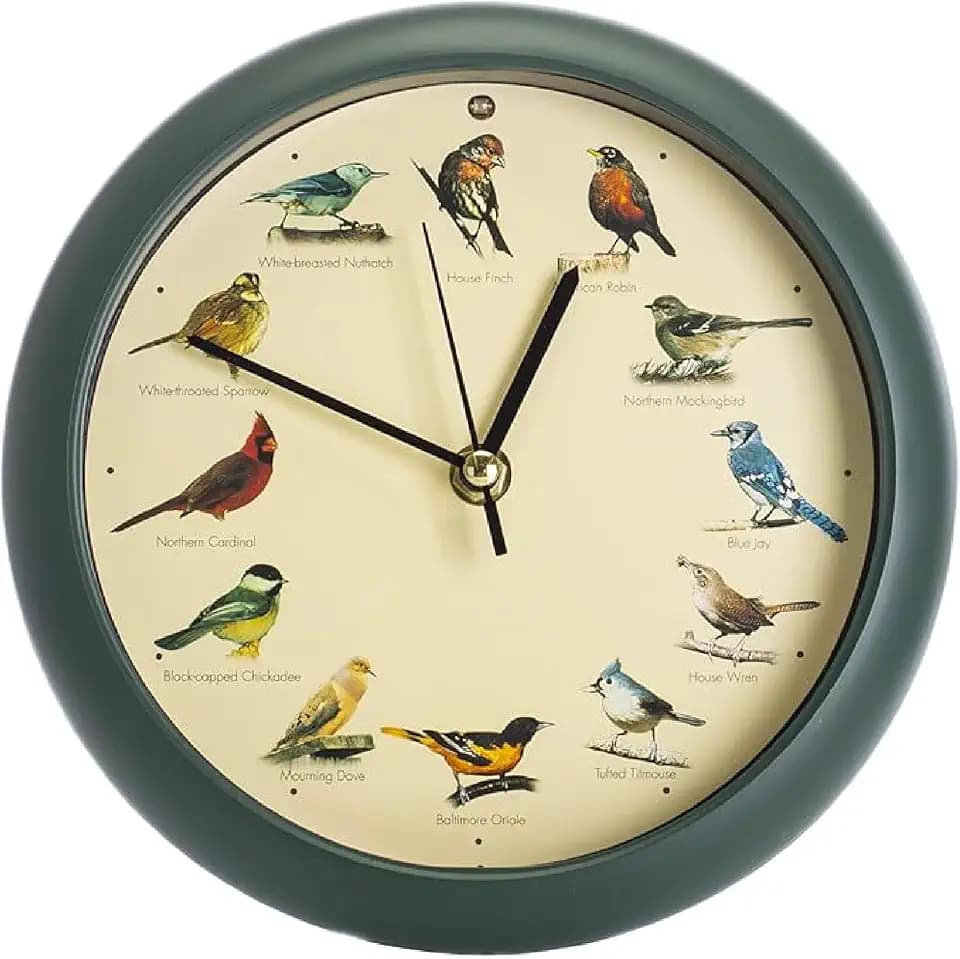 Mark Feldstein Singing Bird Clock 8 in, 12 Real Bird Songs Hourly, Green