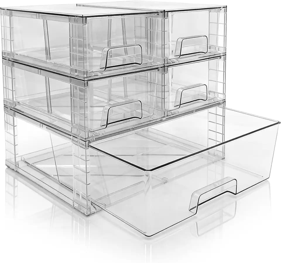 Stackable Storage Drawers(5 Pack),High-strength Clear Plastic Multi-purpose Organizer Bins with Handles, Easily Assemble Acrylic Drawers for Bathroom Closet Cabinet Pantry Under Sink